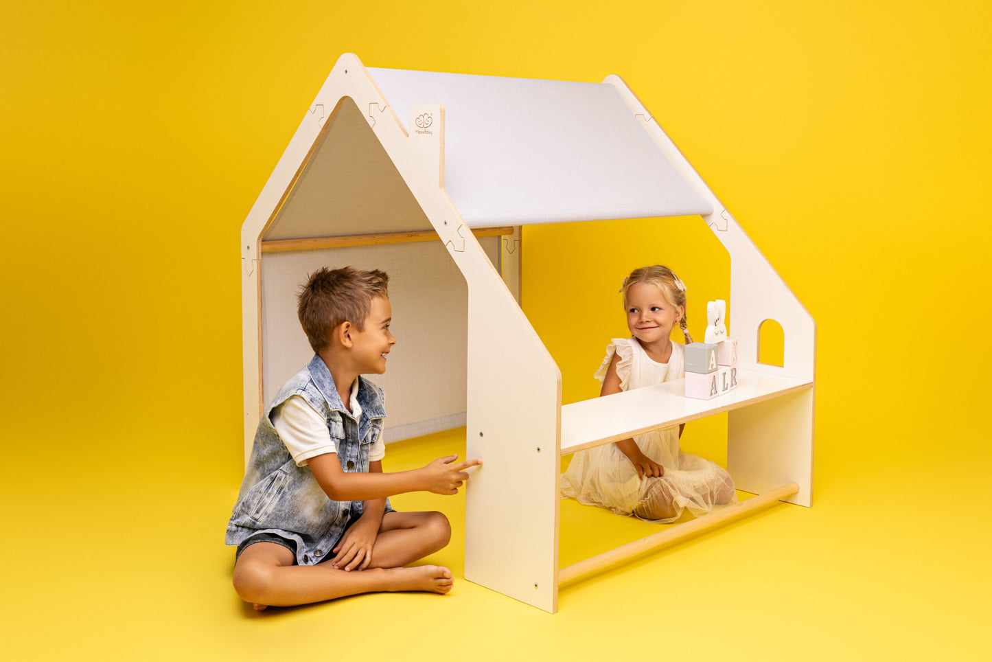 MeowBaby® White Wooden House for Kids - Blue Roof